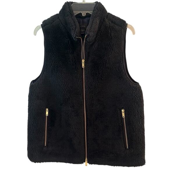J. Crew Plush Fleece Excursion Black Faux Fur Zip Up Vest Size Medium - Picture 2 of 8